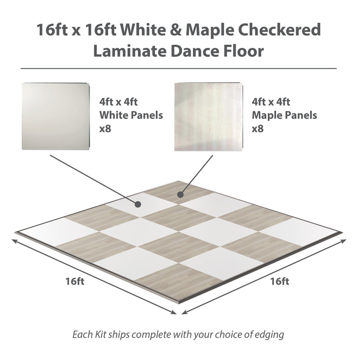 California Portable Dance Floor | Maple Plank and White Checker Laminate Kit | 4'x4' Panels