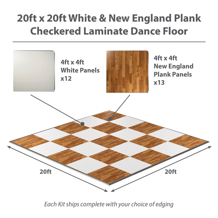 California Portable Dance Floor | New England Plank and White Checker Laminate Kit | 4'x4' Panels