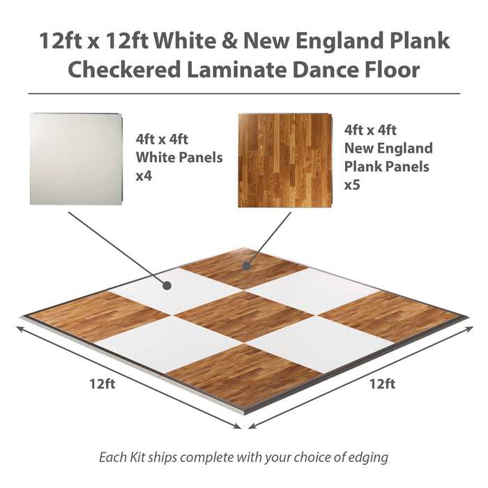 California Portable Dance Floor | New England Plank and White Checker Laminate Kit | 4'x4' Panels