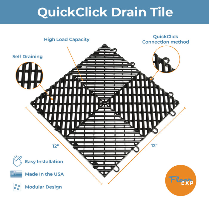 QuickClick Drain Tile | 12" x 12" | Black