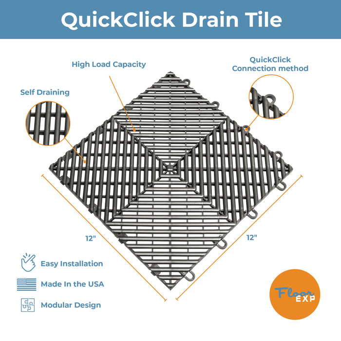 QuickClick Drain Tile | 12" x 12" | Graphite