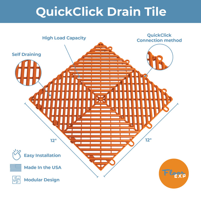 QuickClick Drain Tile | 12" x 12" | Orange